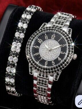 Black Crystal Bracelet Watch Set